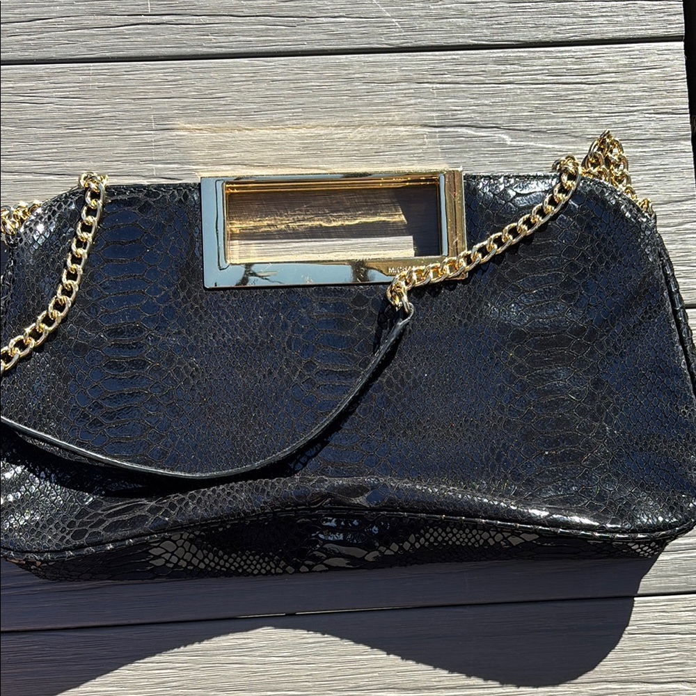 Black and Gold Textured Clutch with Chain Strap